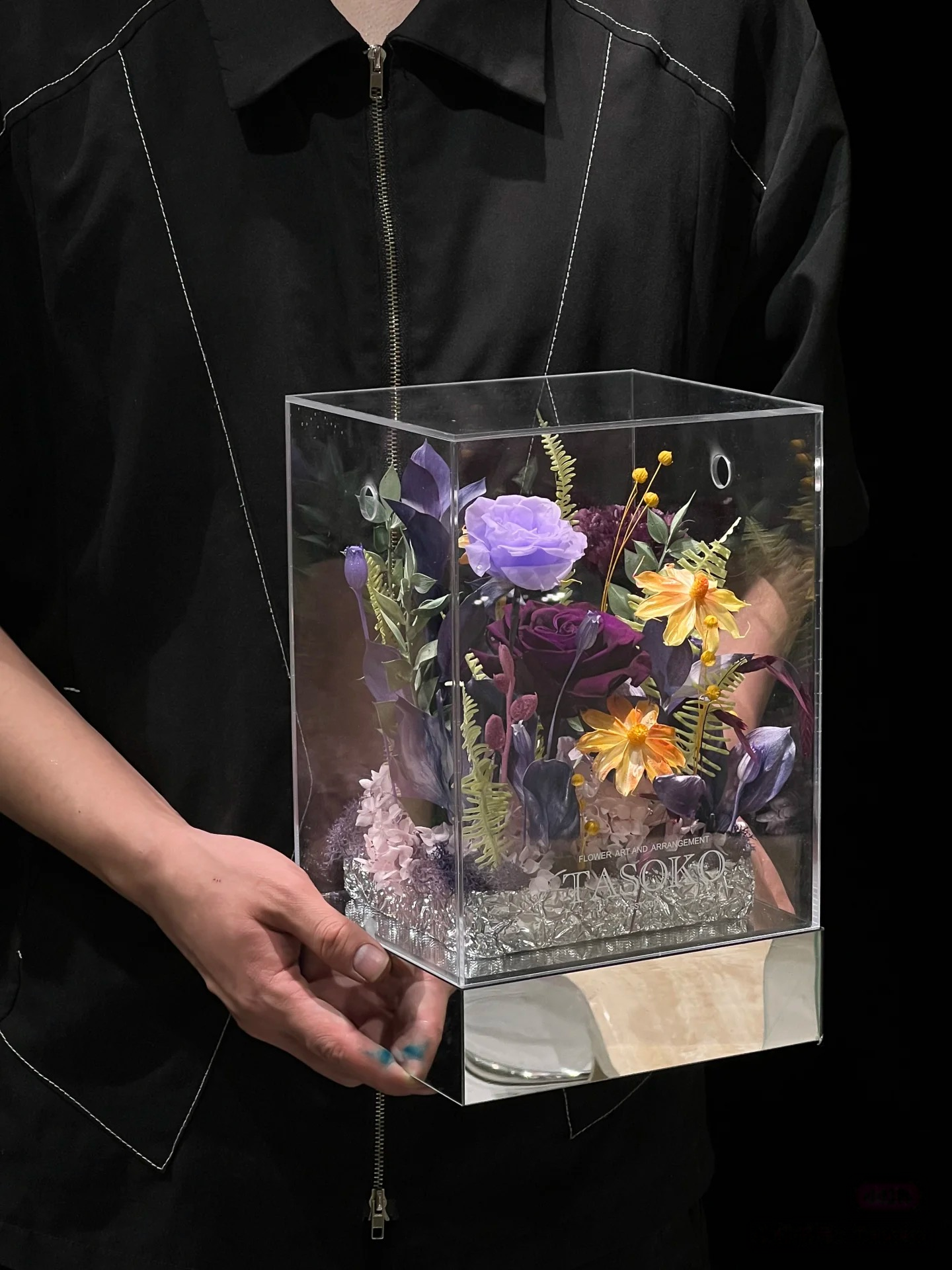 Mystic Chroma Eternal - Purple & Yellow Preserved Floral Arrangement in Acrylic Box | 1-Year Freshness & Luxe Artistry