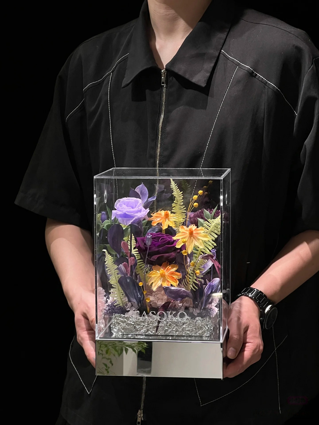Mystic Chroma Eternal - Purple & Yellow Preserved Floral Arrangement in Acrylic Box | 1-Year Freshness & Luxe Artistry