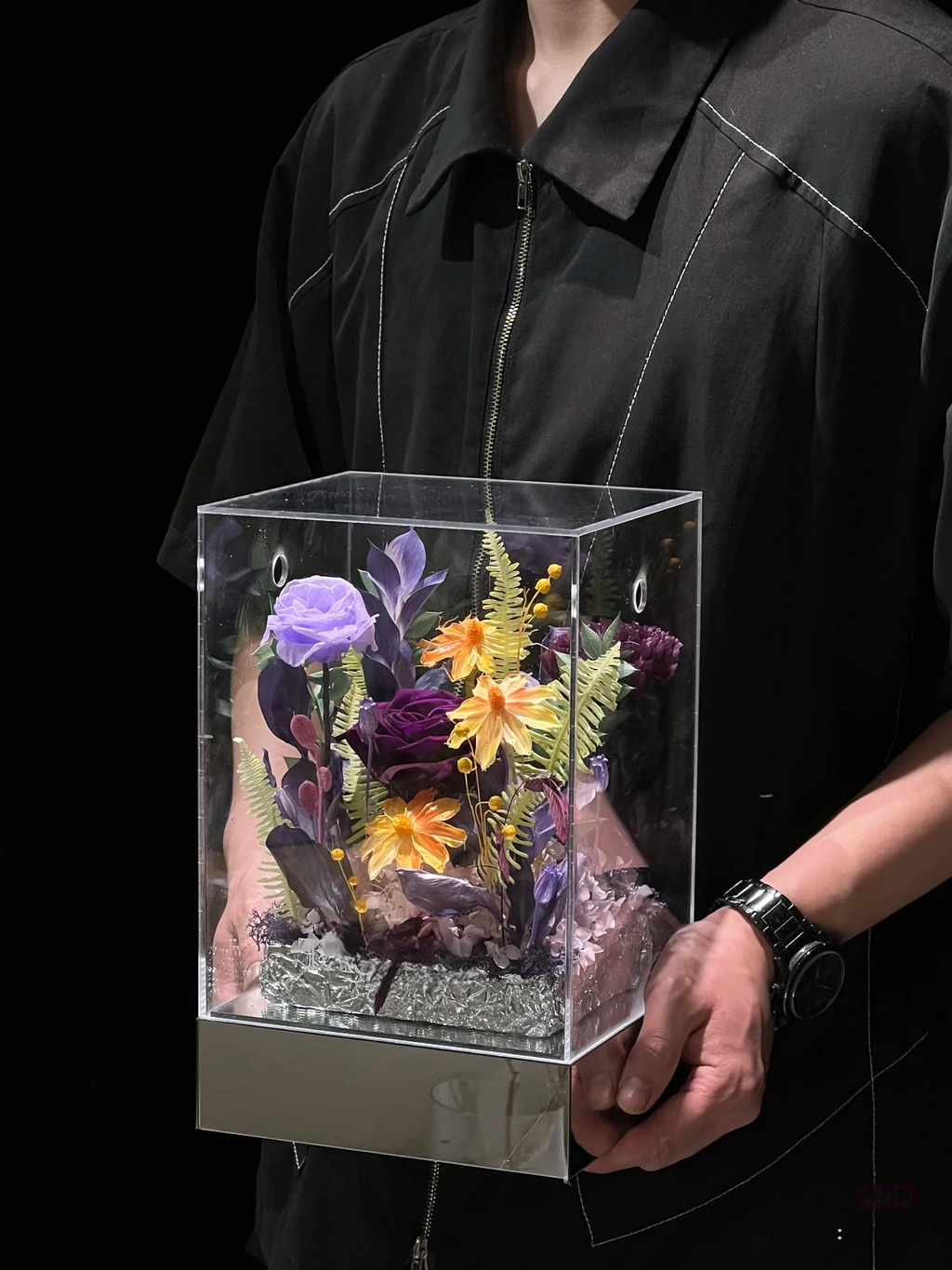 Mystic Chroma Eternal - Purple & Yellow Preserved Floral Arrangement in Acrylic Box | 1-Year Freshness & Luxe Artistry