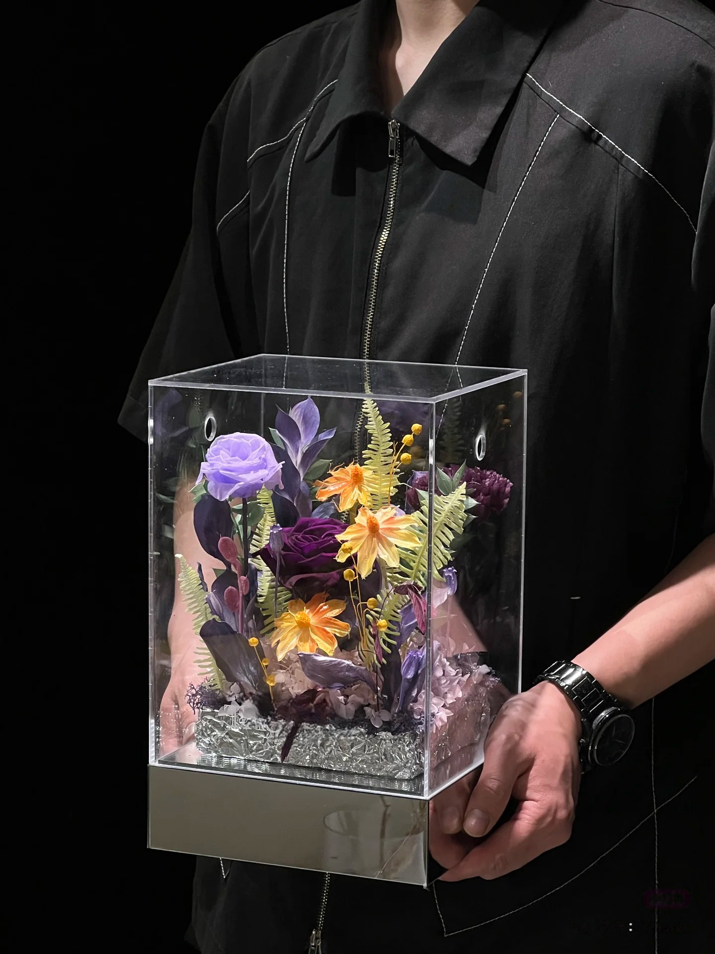 Mystic Chroma Eternal - Purple & Yellow Preserved Floral Arrangement in Acrylic Box | 1-Year Freshness & Luxe Artistry