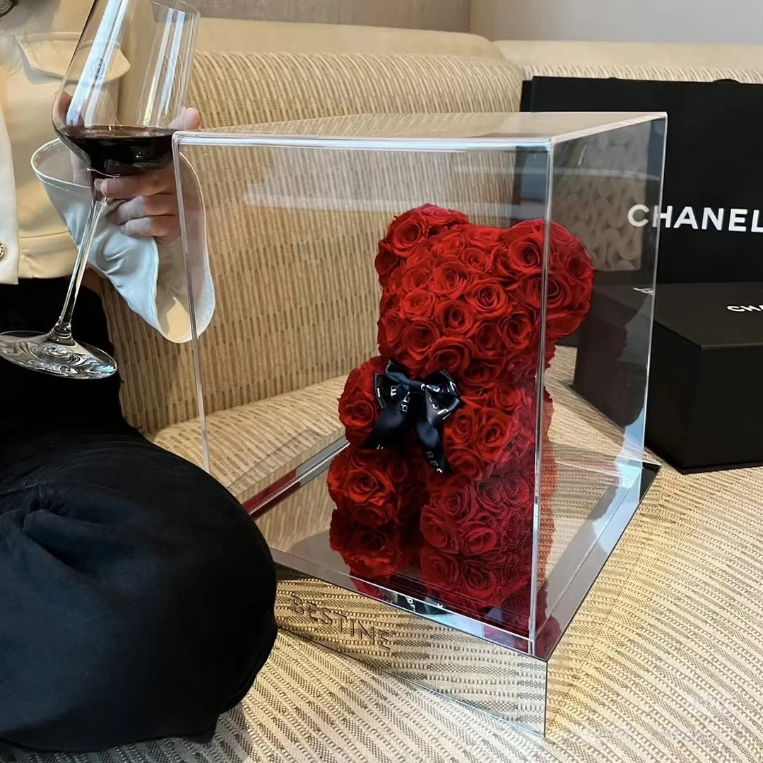 ROSAY Eternal Rose Bear - Handcrafted Preserved Flower Teddy in Acrylic/Mirror Box | Multi-Color Luxury Gift for Anniversaries, Valentine's Day