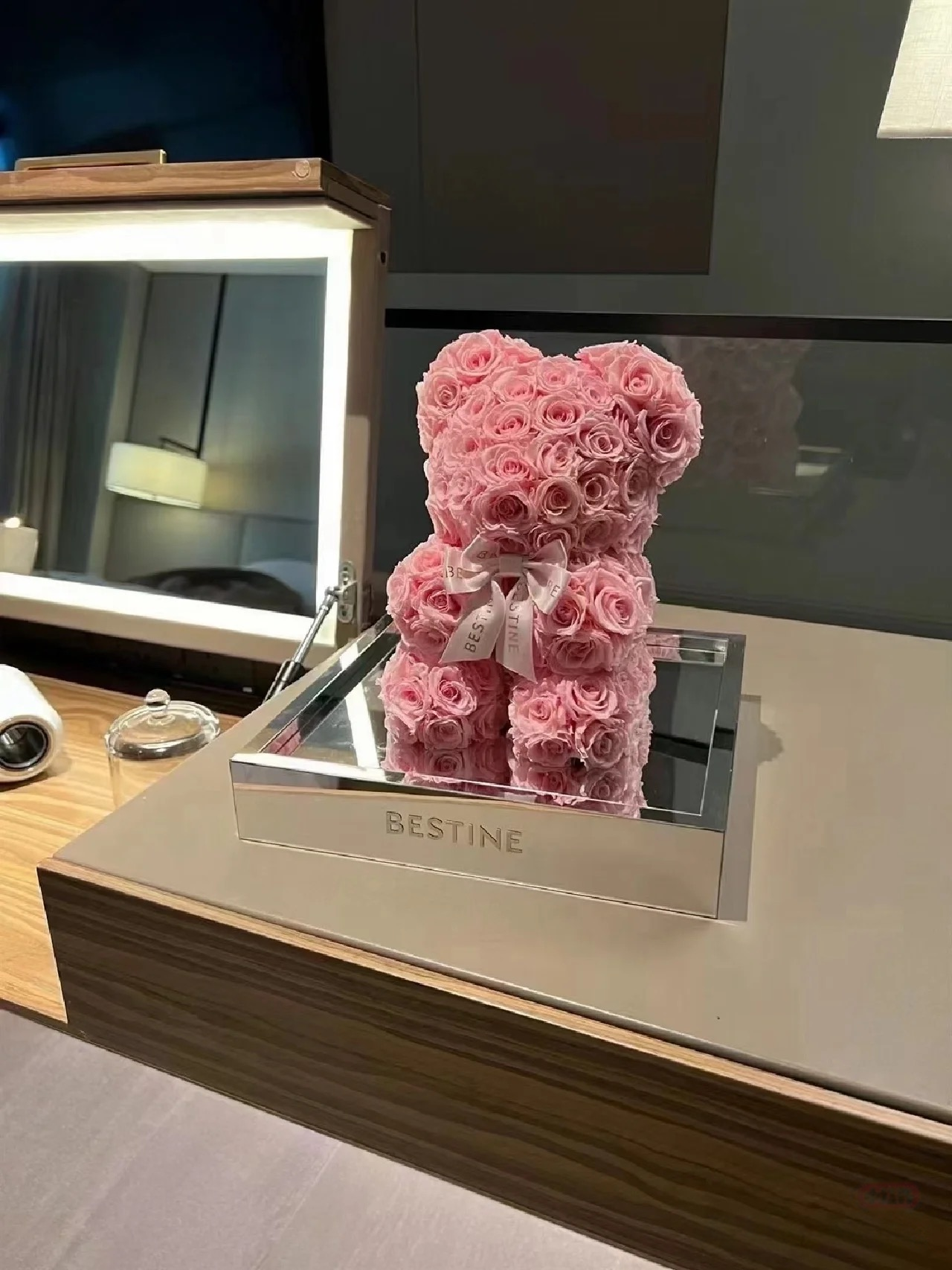 ROSAY Eternal Rose Bear - Handcrafted Preserved Flower Teddy in Acrylic/Mirror Box | Multi-Color Luxury Gift for Anniversaries, Valentine's Day