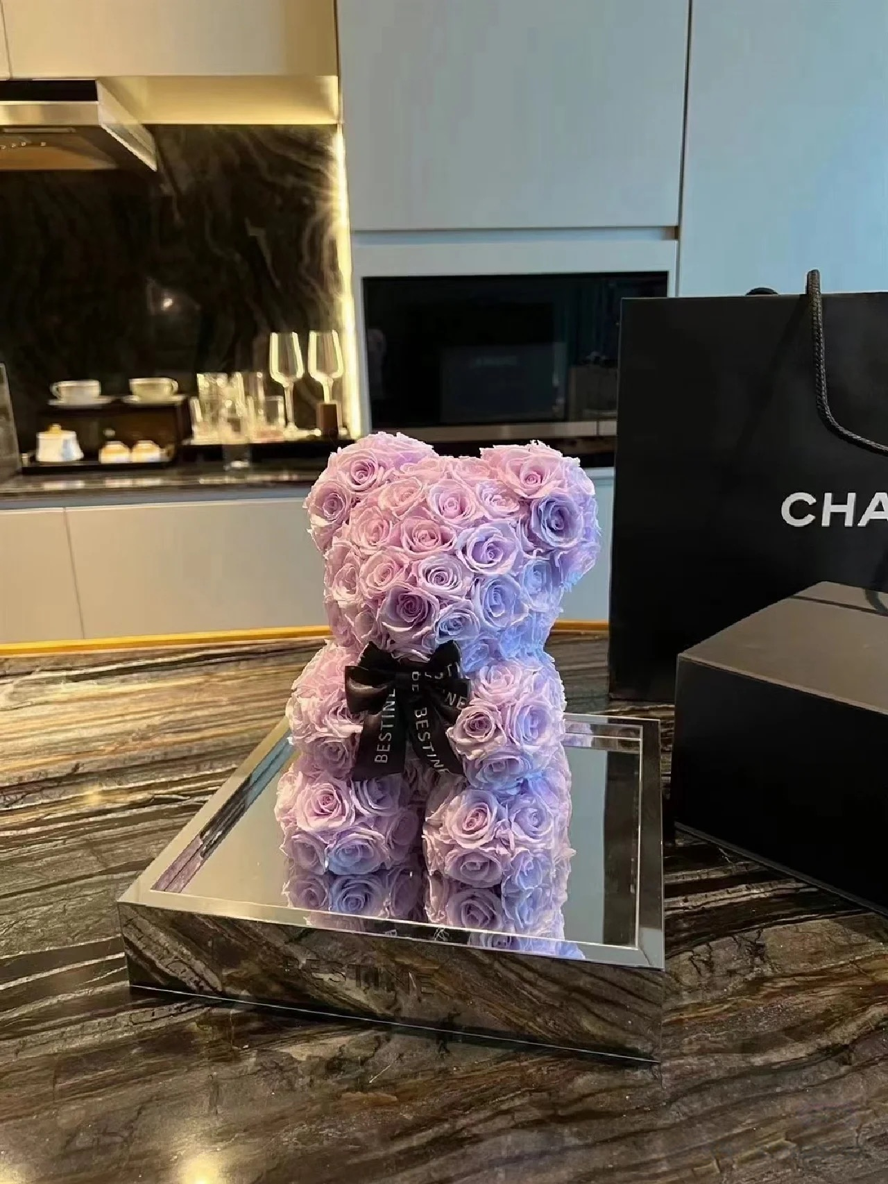 ROSAY Eternal Rose Bear - Handcrafted Preserved Flower Teddy in Acrylic/Mirror Box | Multi-Color Luxury Gift for Anniversaries, Valentine's Day