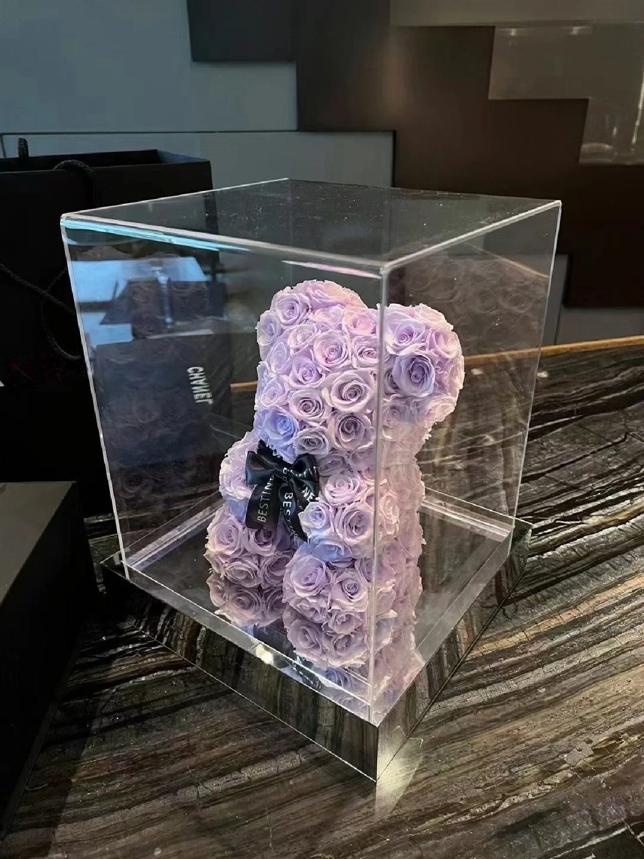 ROSAY Eternal Rose Bear - Handcrafted Preserved Flower Teddy in Acrylic/Mirror Box | Multi-Color Luxury Gift for Anniversaries, Valentine's Day