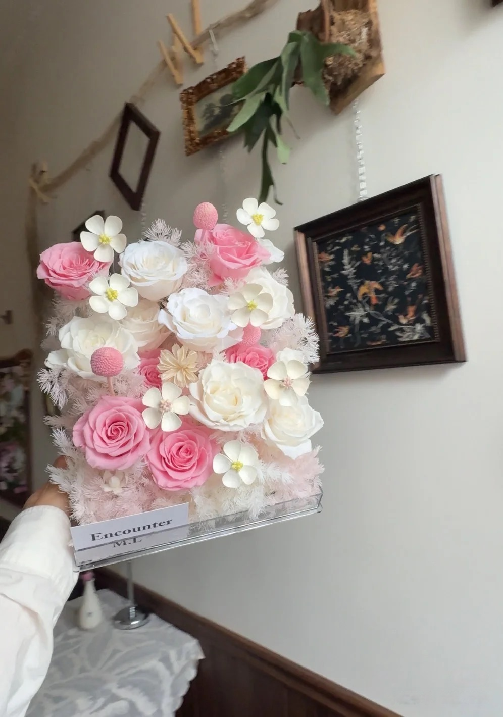 Pastel Whisper Eternal - Blush & White Preserved Floral Arrangement in Acrylic Box | 1-Year Freshness & Romantic Craftsmanship