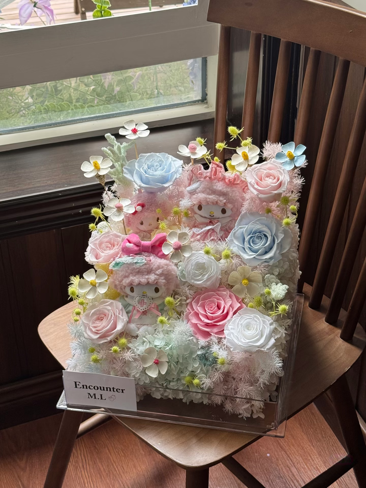 Dreamy Doll Eternal - Pastel Preserved Floral Arrangement with Plush Toys in Acrylic Box | 1-Year Freshness & Whimsical Craftsmanship