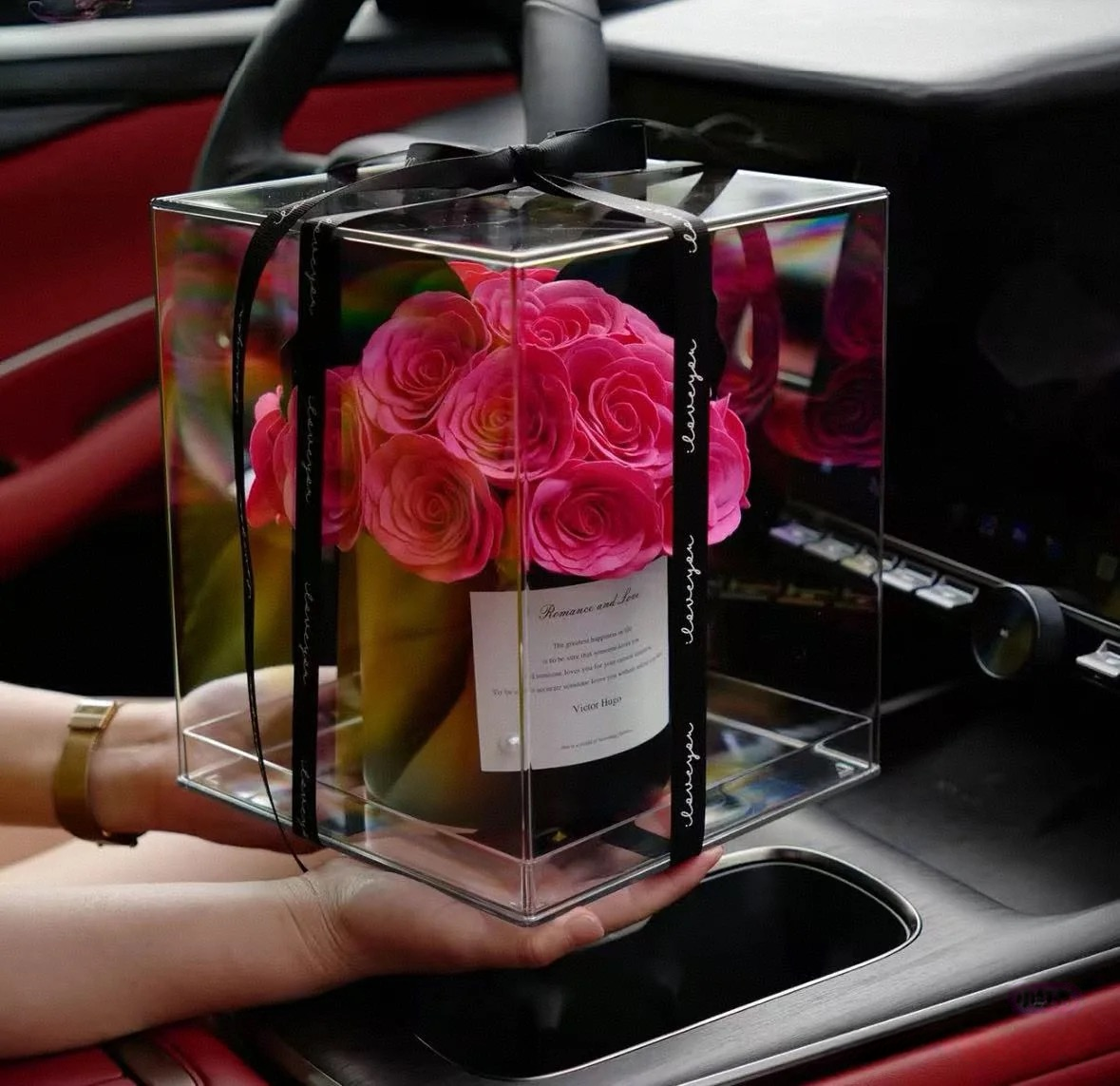 ROSAY Eternal Cube Rose - Preserved Rose Bouquet in Holographic Acrylic Box | Multi-Color Luxury Gift for Anniversaries & Gifting