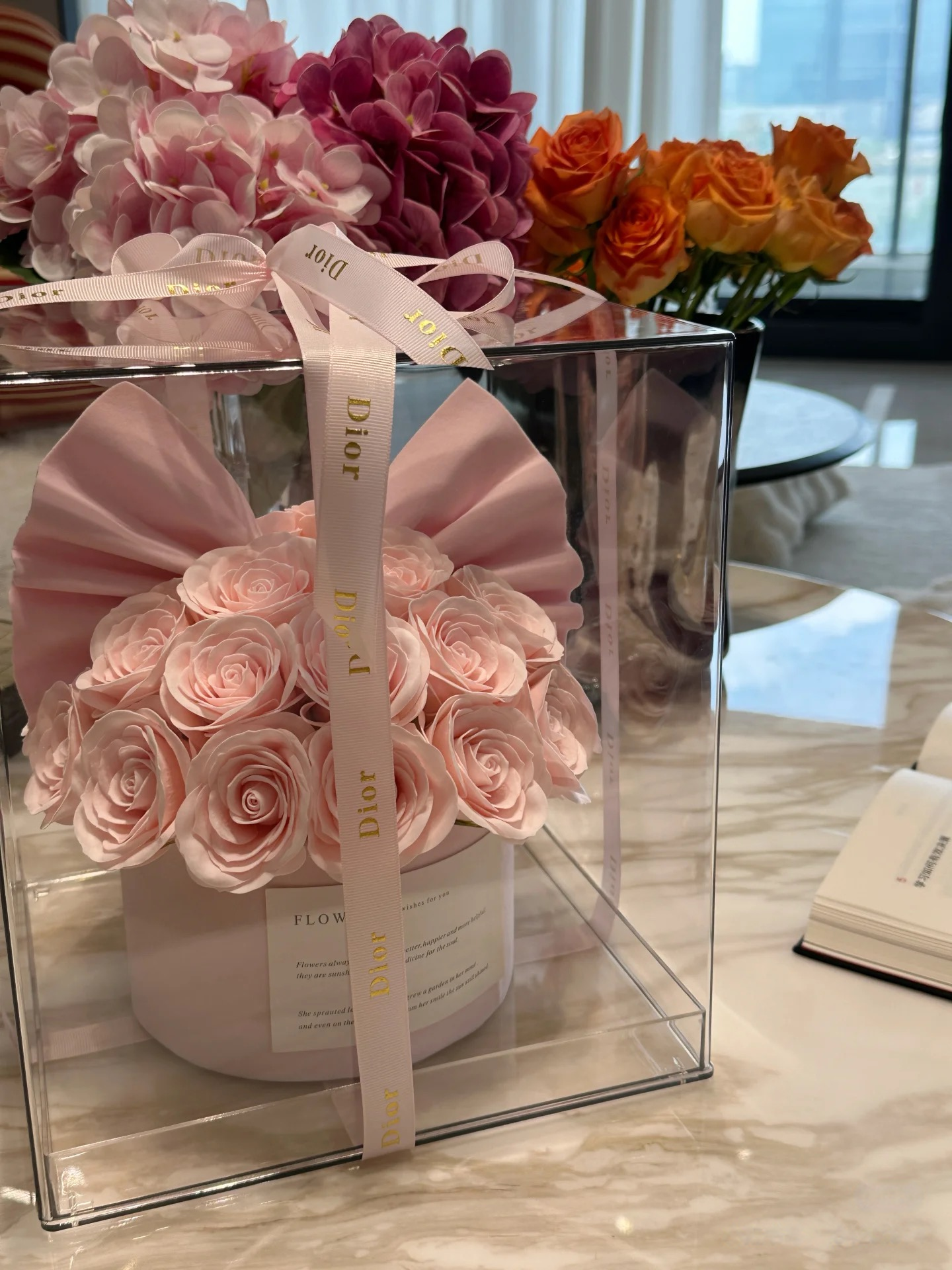 ROSAY Eternal Bow Rose - Preserved Rose in Acrylic Box with Bow/Ear Accent | Multi-Color Luxury Gift for Romance & Decor