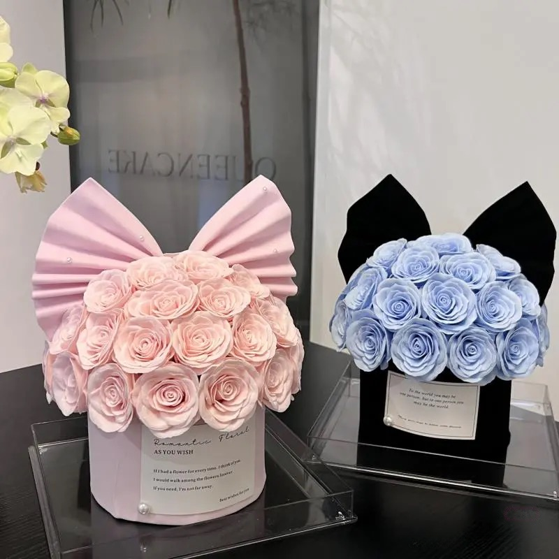 ROSAY Eternal Bow Rose - Preserved Rose in Acrylic Box with Bow/Ear Accent | Multi-Color Luxury Gift for Romance & Decor