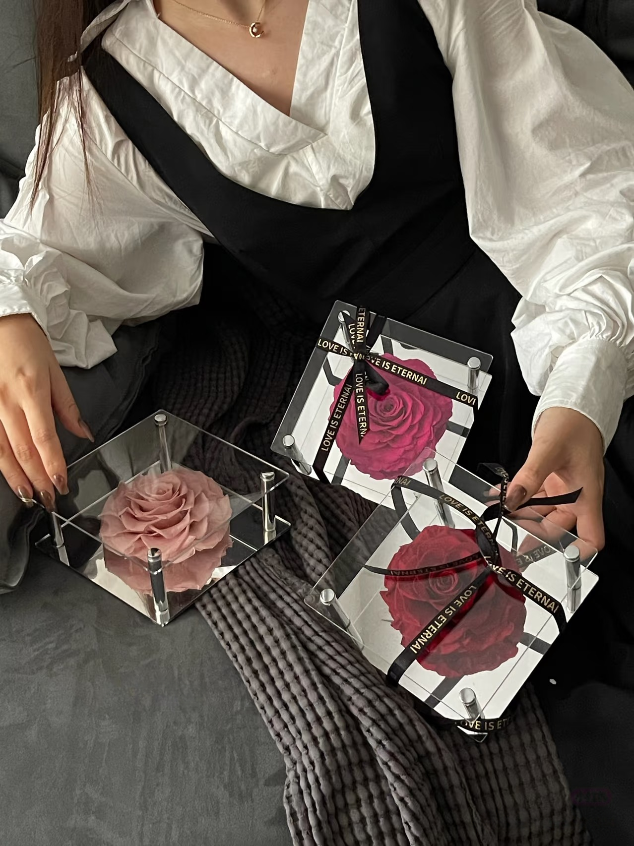 Eternal Love Bloom - Single Preserved Rose in Acrylic Box with "Love is Eternal" Ribbon | Multi-Color Romantic Gift for Anniversaries & Valentine's Day