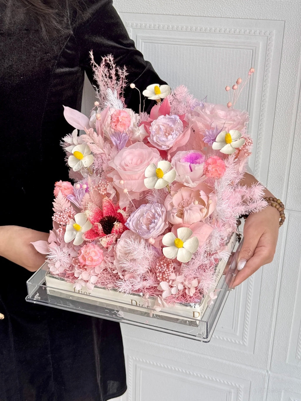 Luxe Blush Palette Eternal - French Luxury Preserved Floral Arrangement in Acrylic Box | 1-Year Freshness & Dior-Inspired Elegance