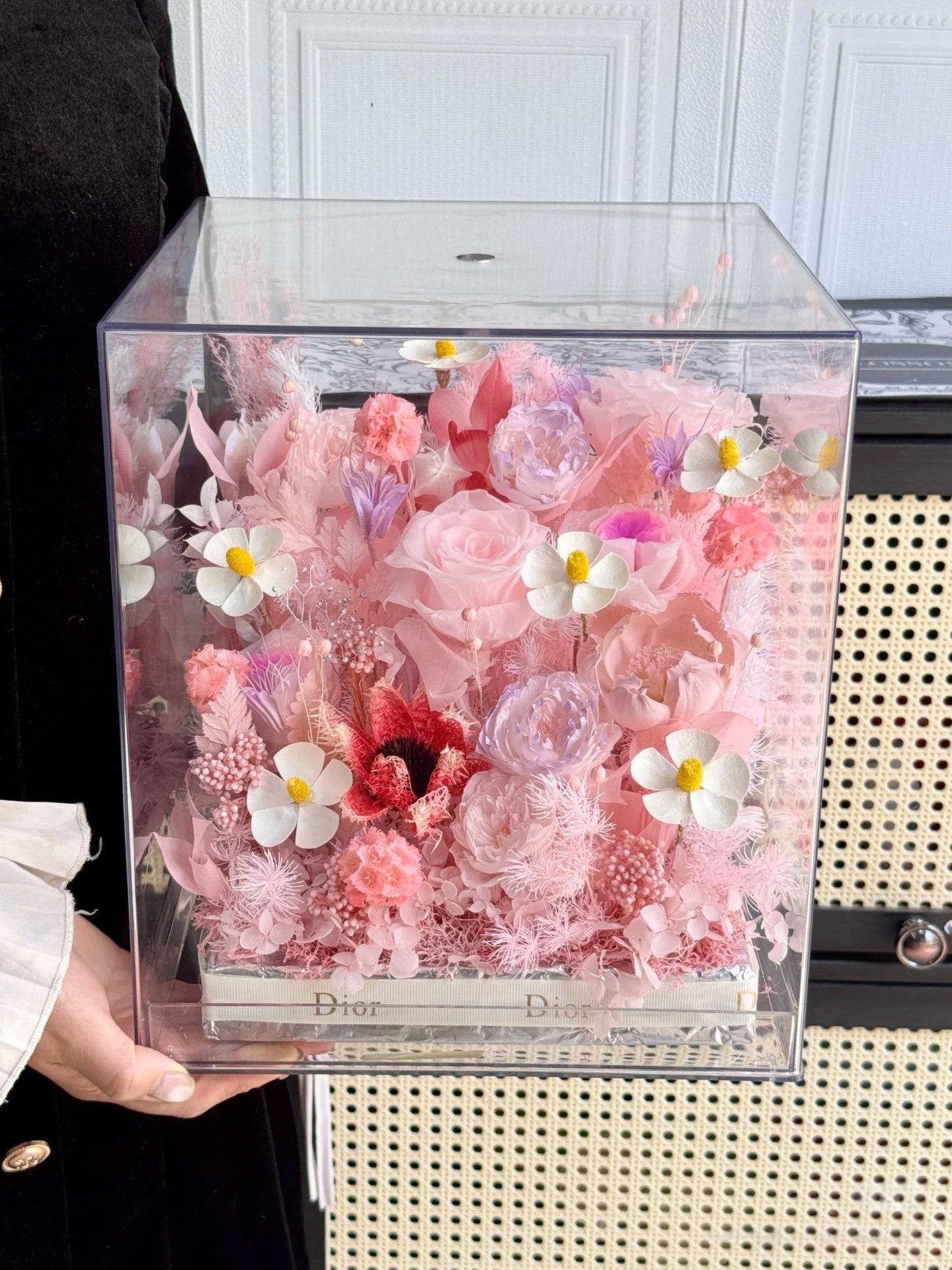 Luxe Blush Palette Eternal - French Luxury Preserved Floral Arrangement in Acrylic Box | 1-Year Freshness & Dior-Inspired Elegance