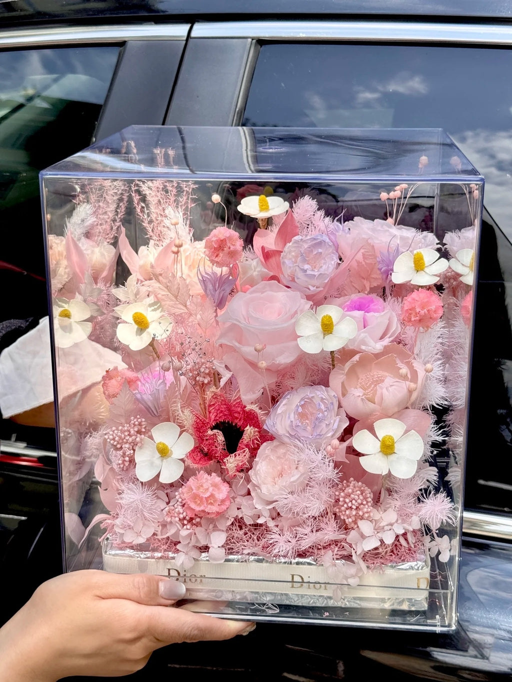 Luxe Blush Palette Eternal - French Luxury Preserved Floral Arrangement in Acrylic Box | 1-Year Freshness & Dior-Inspired Elegance