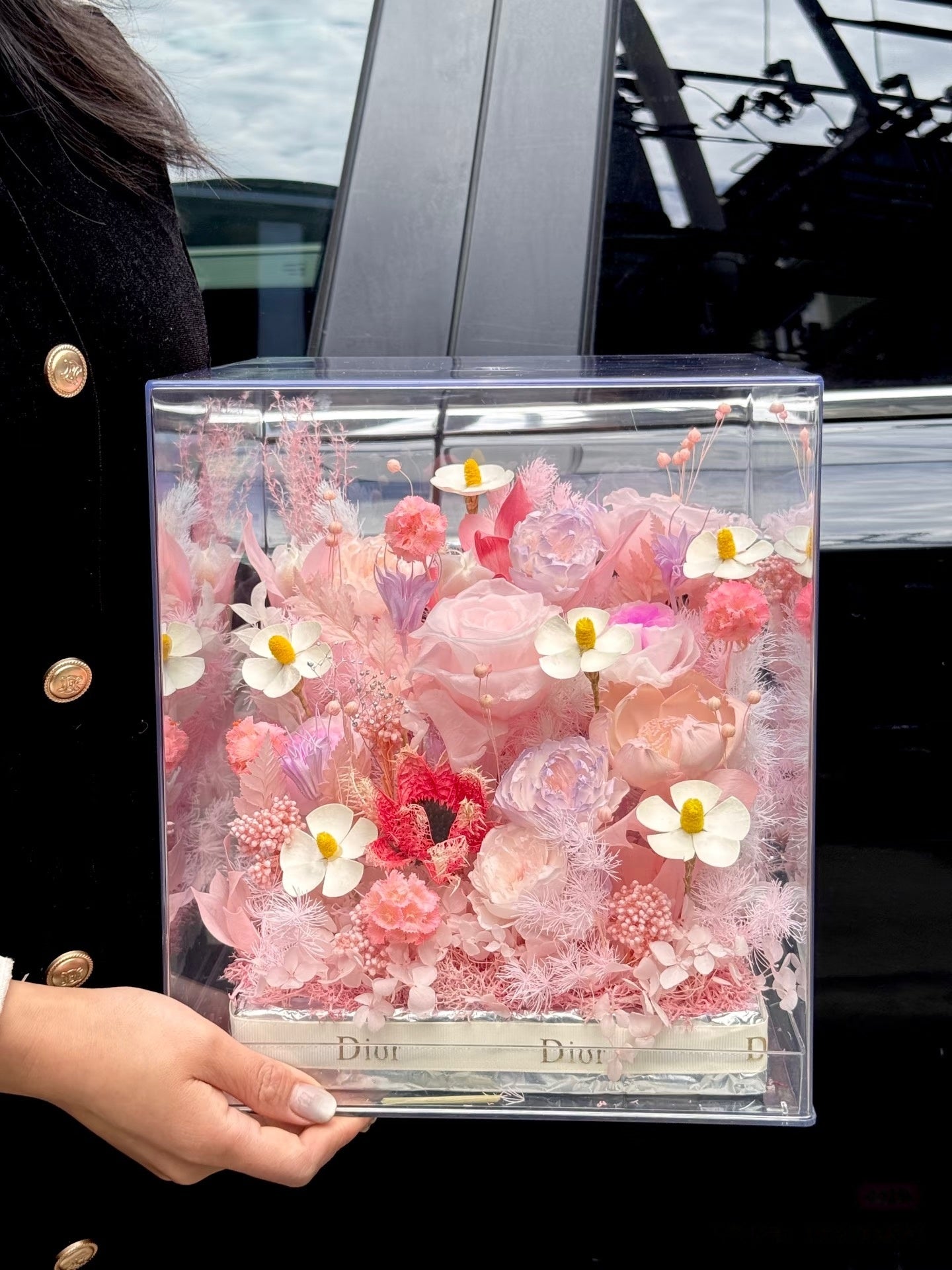 Luxe Blush Palette Eternal - French Luxury Preserved Floral Arrangement in Acrylic Box | 1-Year Freshness & Dior-Inspired Elegance