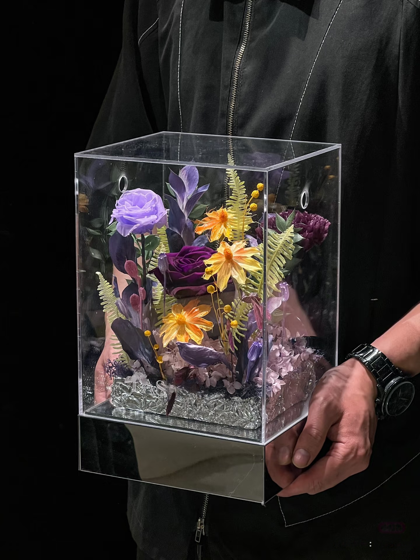 Mystic Chroma Eternal - Purple & Yellow Preserved Floral Arrangement in Acrylic Box | 1-Year Freshness & Luxe Artistry