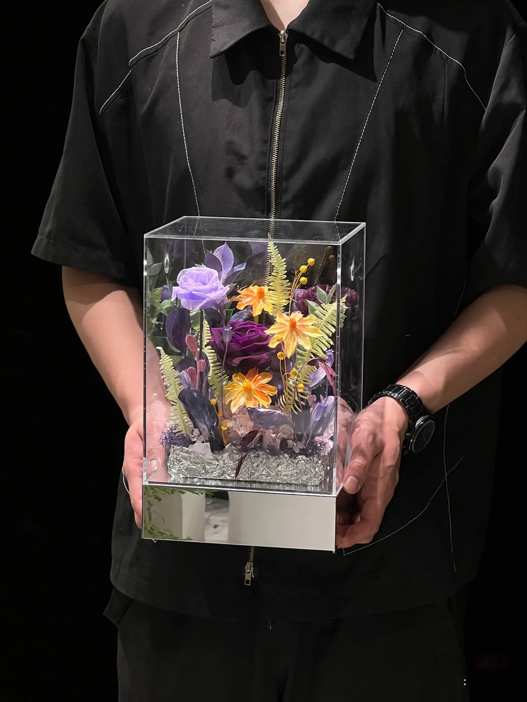 Mystic Chroma Eternal - Purple & Yellow Preserved Floral Arrangement in Acrylic Box | 1-Year Freshness & Luxe Artistry