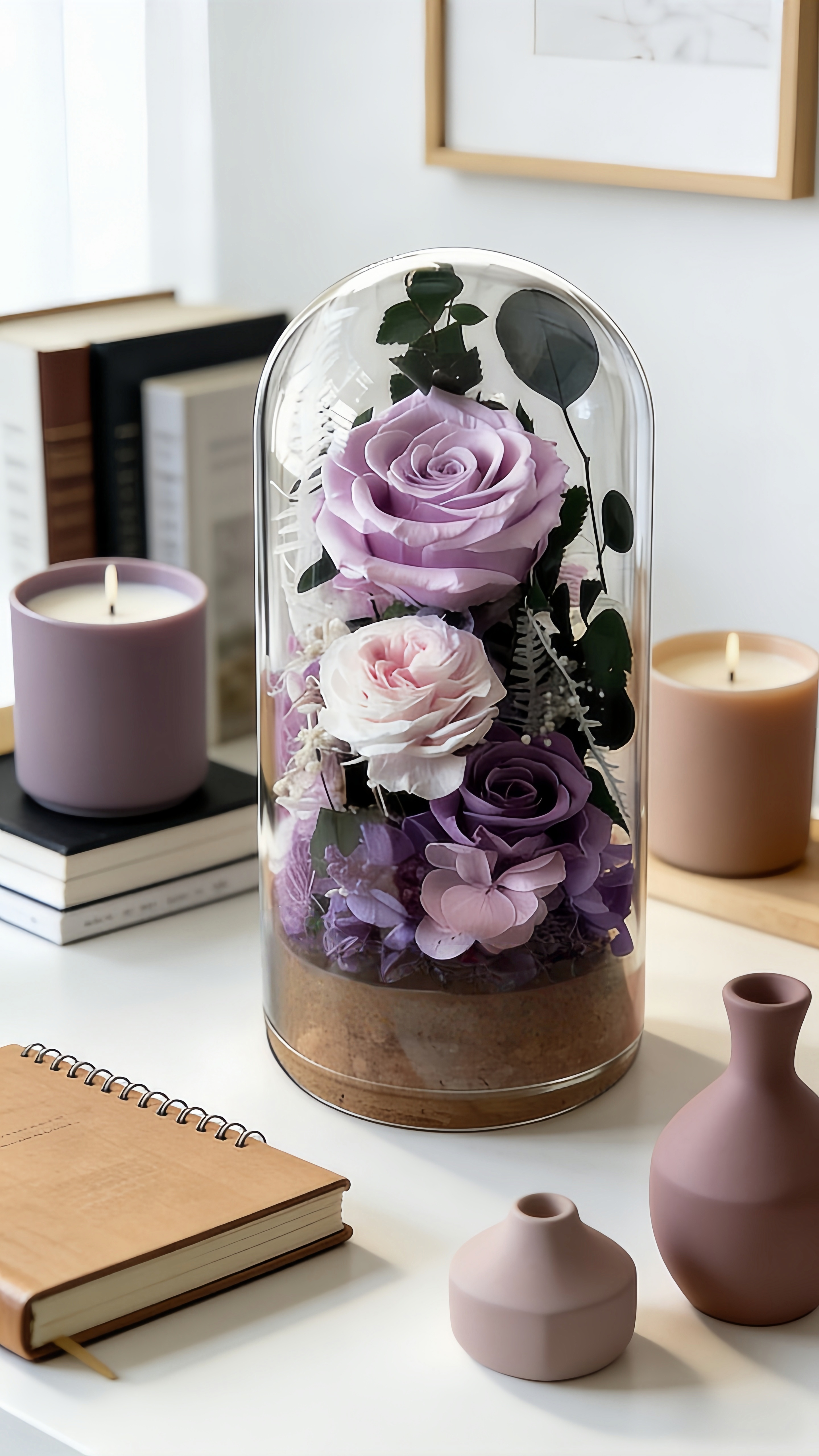 ROSAY Lavender Blush Glass Dome - Preserved Multi-Tone Rose & Floral Arrangement | Romantic Home Decor & Milestone Gift