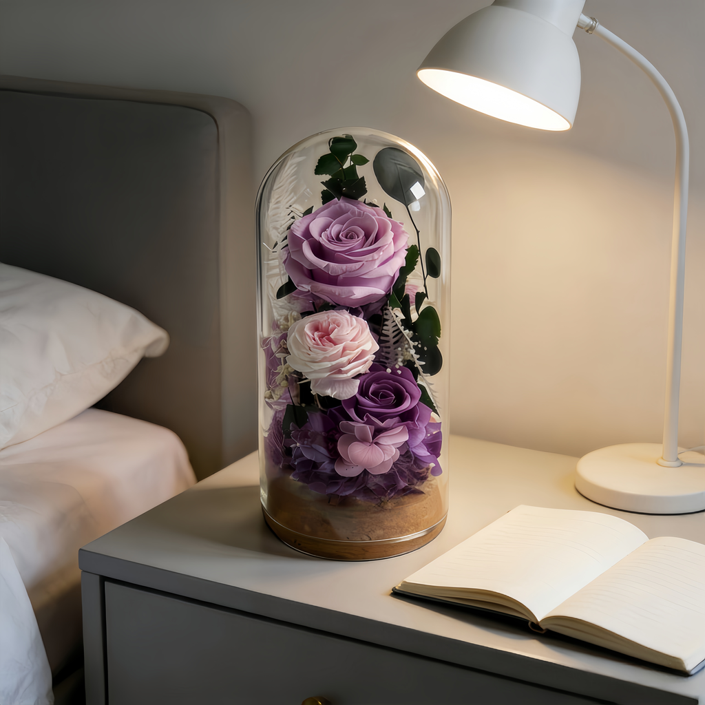 ROSAY Lavender Blush Glass Dome - Preserved Multi-Tone Rose & Floral Arrangement | Romantic Home Decor & Milestone Gift