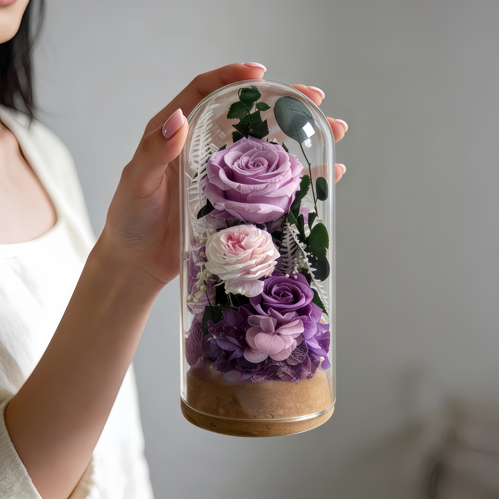 ROSAY Lavender Blush Glass Dome - Preserved Multi-Tone Rose & Floral Arrangement | Romantic Home Decor & Milestone Gift