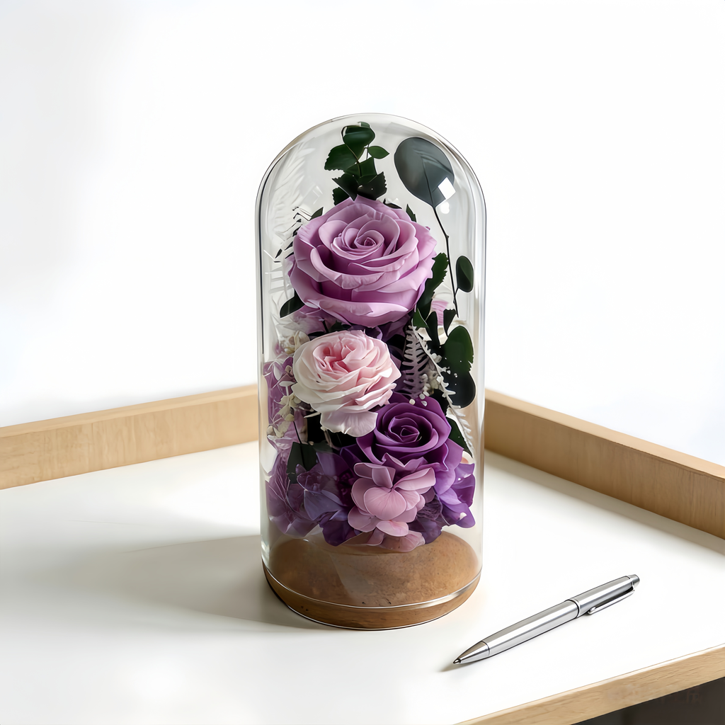 ROSAY Lavender Blush Glass Dome - Preserved Multi-Tone Rose & Floral Arrangement | Romantic Home Decor & Milestone Gift